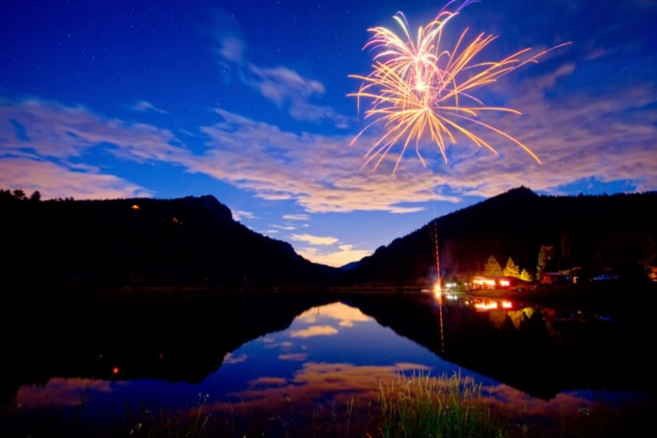 Fireworks over mountains