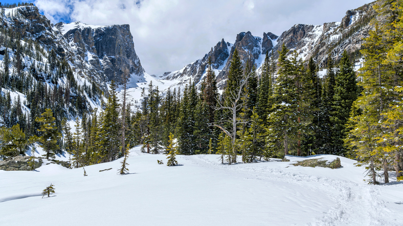 A panoramic Spring view of Hallett Peak and Flattop Mountain, surrounded by white snow and green forest, in Rocky Mountain National Park, Colorado, USA.