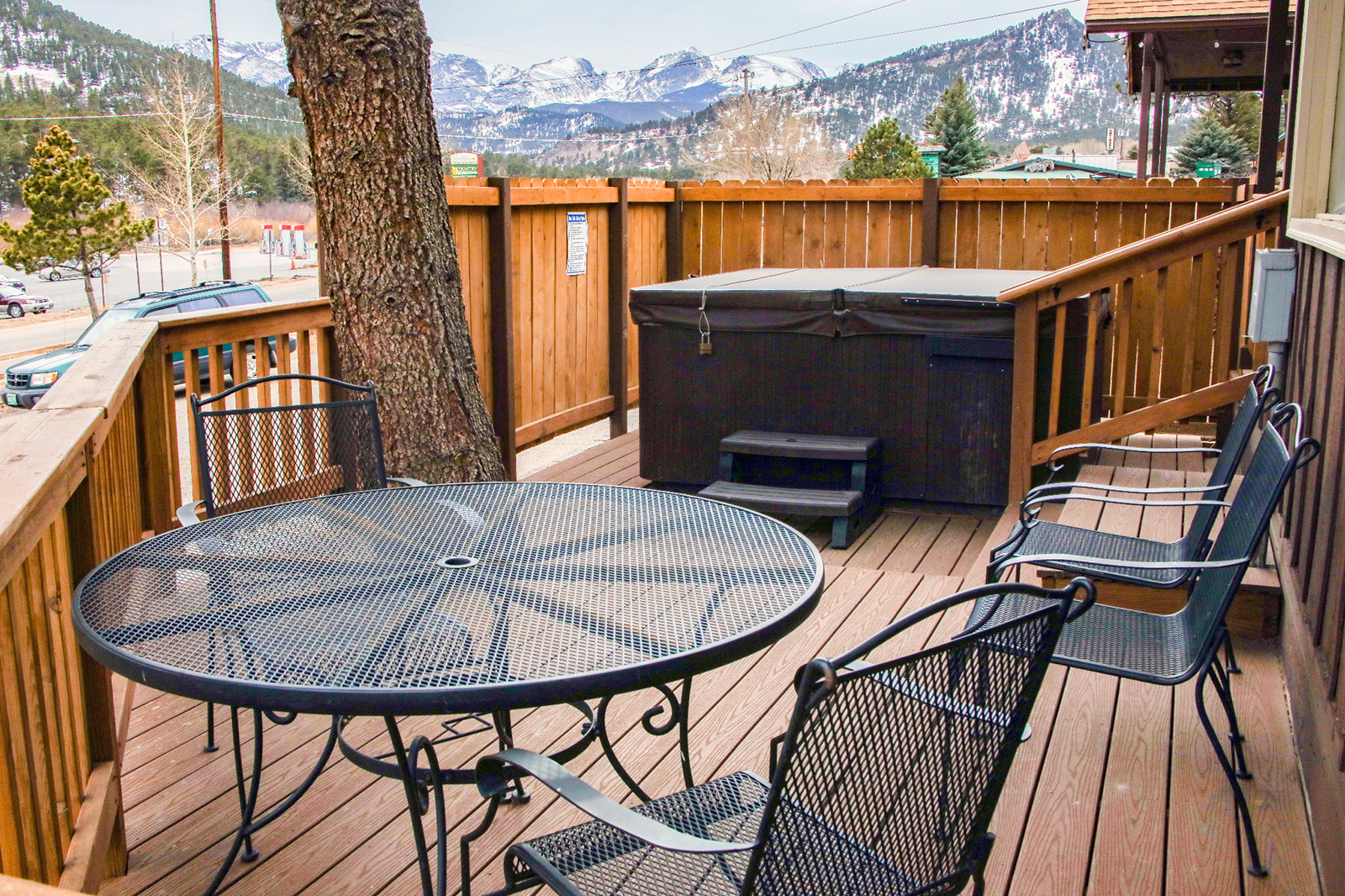 Patio of an Estes Park cabin rental with fall views.