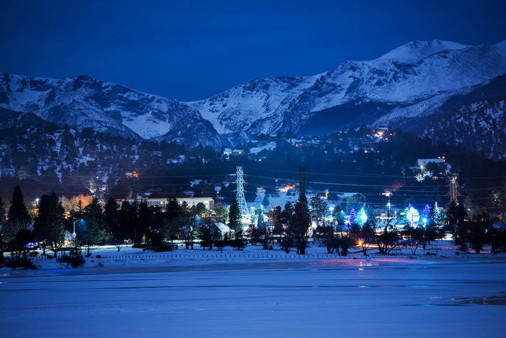 One Cold Winter Night in the Famous Estes Park, Colorado, United States.