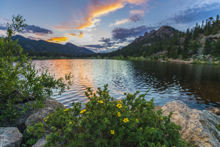Beautiful sunset sky over Lily Lake - Rocky Mountain National Park Colorado