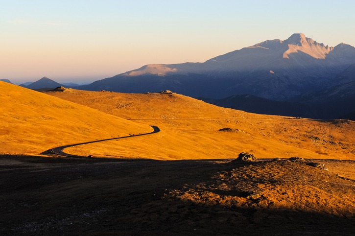 Sunset at the top of Trail Ridge Road, the highest (12,183 feet) continuous highway in the USA, with the Longs Peak (14,259 feet) rising high in the background.