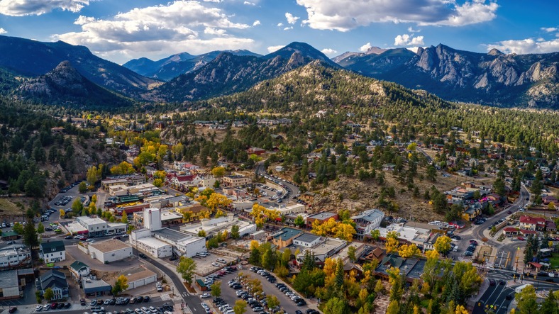 Aerial View of the Colorado Tourist Mountain Town of Estes Park during Autumn